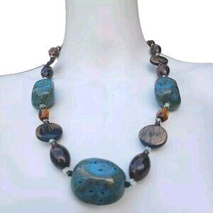VTG Boho Art Blue Brown Glazed Ceramic Boulder Shape & Glass Beads Necklace 19"